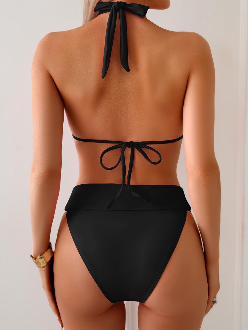 TASHEHE Women's Triangle Ruched Bikini Set Sexy Two Piece Swimsuit Halter Sliding Rings Bathing Suit - 508 / Black - Medium - Image 3