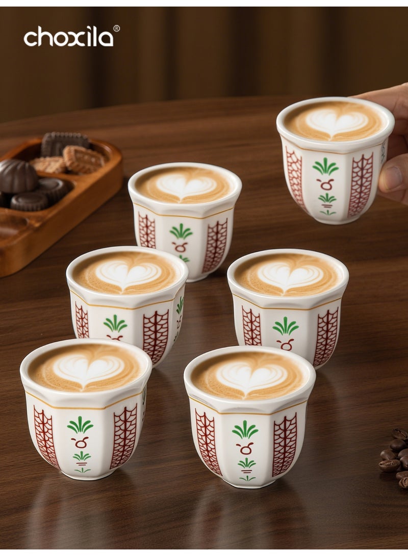 choxila 6pcs/set Coffee cup with palm tree pattern, Saudi style coffee cup, espresso mug, tea cup, milk cup, guest serving cup. Ideal for family gatherings, afternoon tea, office, cafe, hotel, and as a holiday gift for lovers, family, or friends, 100ml - Image 1