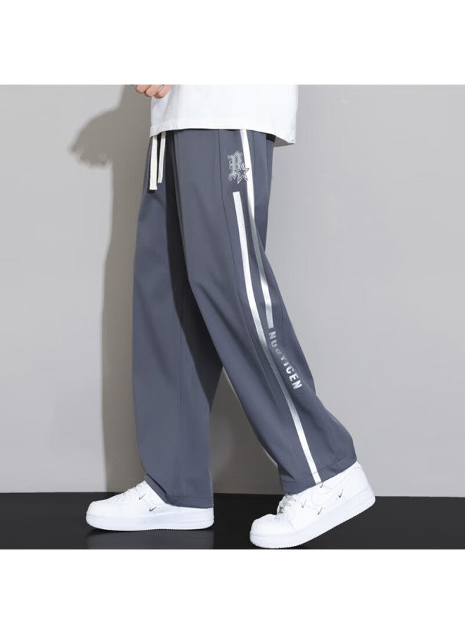 Wassup Sohot Men's Casual Pants, Summer Ice Silk Thin Loose Versatile Wide-leg Straight Trousers, Gray, XL - Image 1