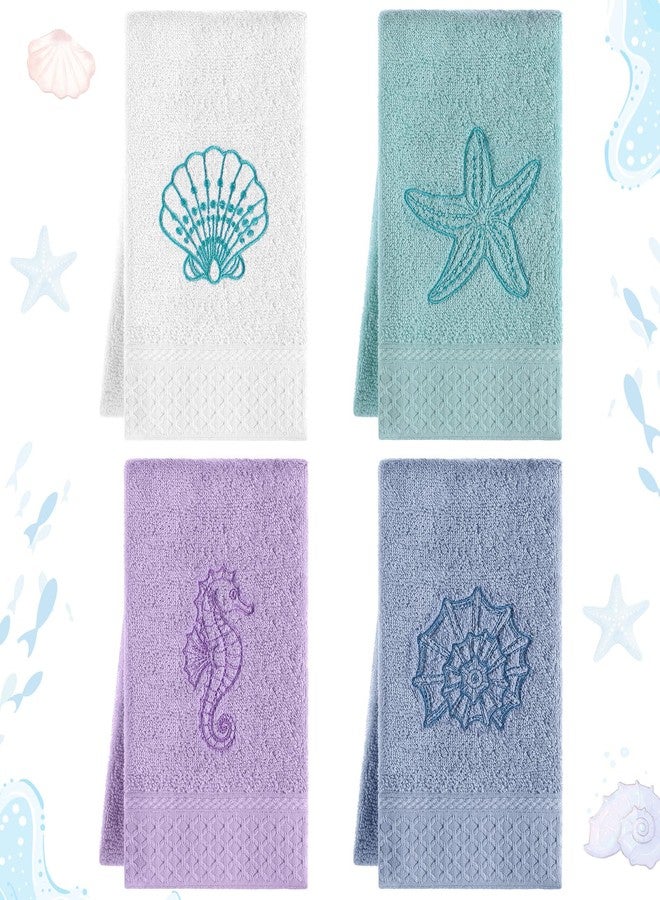 Haull 4 Pcs Beach Coastal Hand Towels for Bathroom Cotton Embroidered Summer Ocean Towels 28.74 x 12.99 Inch Starfish Seahorses Conch Seashell Absorbent Soft Dishcloth for Home Bathroom Kitchen Decor - Image 3