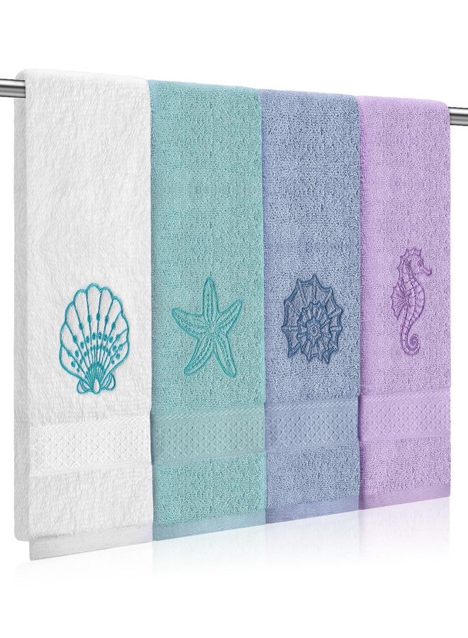 Haull 4 Pcs Beach Coastal Hand Towels for Bathroom Cotton Embroidered Summer Ocean Towels 28.74 x 12.99 Inch Starfish Seahorses Conch Seashell Absorbent Soft Dishcloth for Home Bathroom Kitchen Decor - Image 1