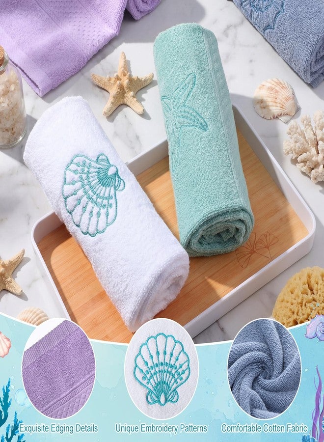 Haull 4 Pcs Beach Coastal Hand Towels for Bathroom Cotton Embroidered Summer Ocean Towels 28.74 x 12.99 Inch Starfish Seahorses Conch Seashell Absorbent Soft Dishcloth for Home Bathroom Kitchen Decor - Image 4