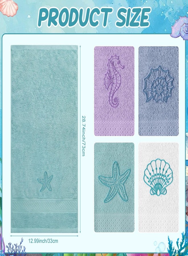 Haull 4 Pcs Beach Coastal Hand Towels for Bathroom Cotton Embroidered Summer Ocean Towels 28.74 x 12.99 Inch Starfish Seahorses Conch Seashell Absorbent Soft Dishcloth for Home Bathroom Kitchen Decor - Image 2