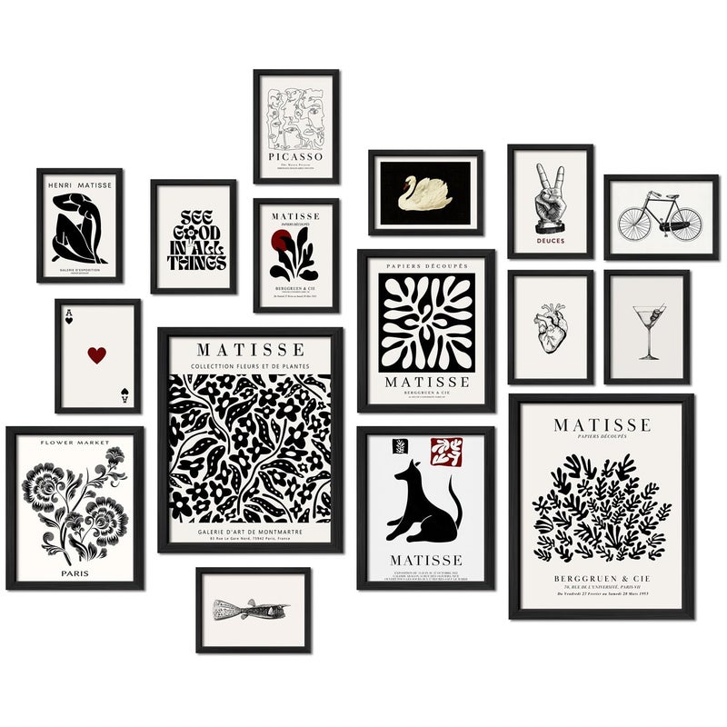ANERZA 16 PCS Framed Black and White Wall Art Decor Matisse Abstract Wall Prints for Bedroom Gallery Wall Frame Set Minimalist Posters for Living Room Aesthetic Collage Kit Dorm Home Artwork
