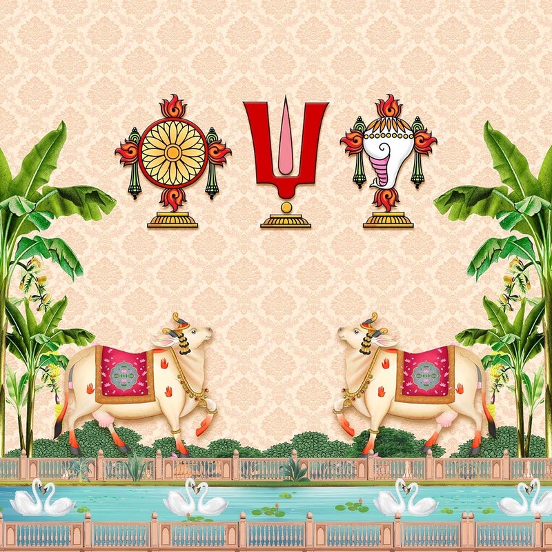 Dhara Creation Tilak Shankam and Chakram 8FT8FT Backdrop Cloth for Pooja Decoration Traditional Background Curtain Cloth for Festival Washable Fabric - Image 4