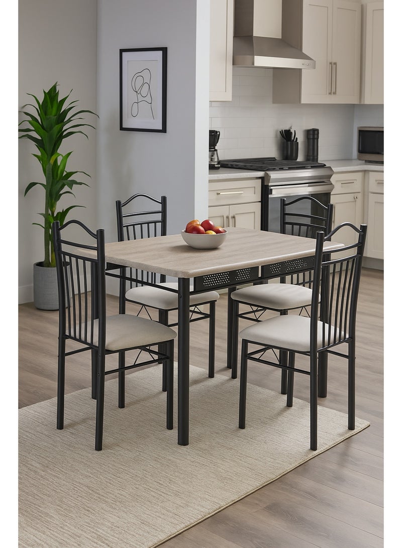 AFT 4-Seater Dining Table Set with 4 Chairs – Sonoma Oak Finish Top & Black Metal Frame, Compact Dining Room Furniture, Table Size 120×75×75 cm, Chair Size 38×37×90 cm - Image 1