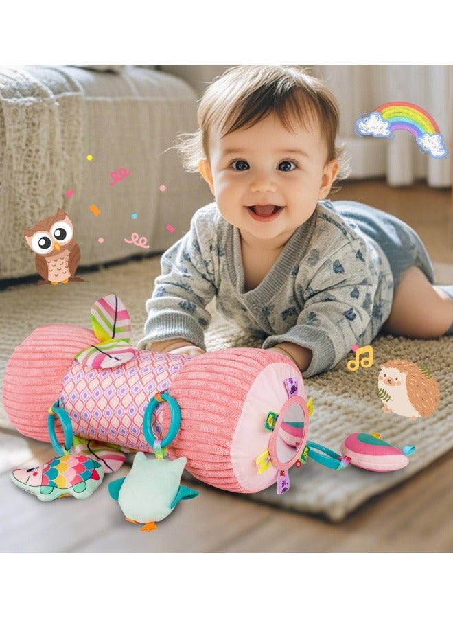 Inflatable Baby Tummy Time Toys for Newborn, Montessori Sensory Crawling Toy Pillow for Babies 6-12 Months with Detachable Mirror, Squeaker & Rattle, Help with Brain Development(Pink)  - Image 1