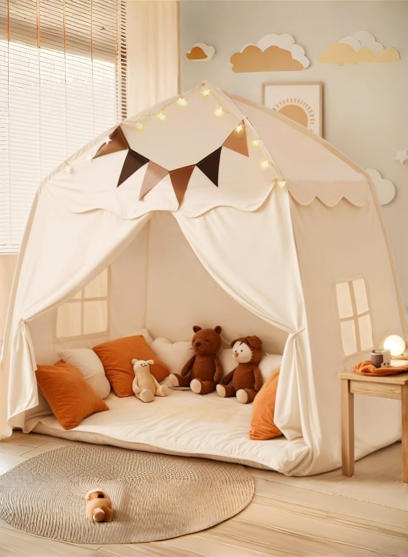 Extra Large Kids Play Tent with Flags & Star Lights - Portable Foldable Teepee Playhouse for Boys Girls Indoor Outdoor 150×100×150cm（Cream） - Image 1