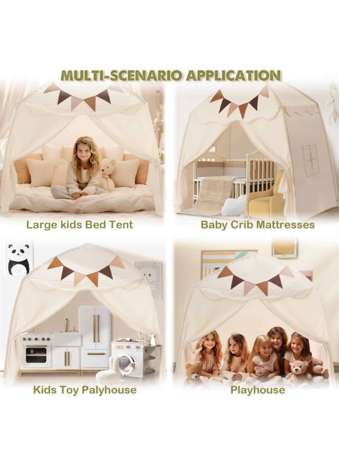 Extra Large Kids Play Tent with Flags & Star Lights - Portable Foldable Teepee Playhouse for Boys Girls Indoor Outdoor 150×100×150cm（Cream） - Image 2