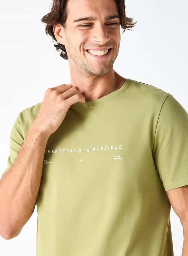 Iconic Iconic Typographic Print Crew Neck T-shirt with Short Sleeves
