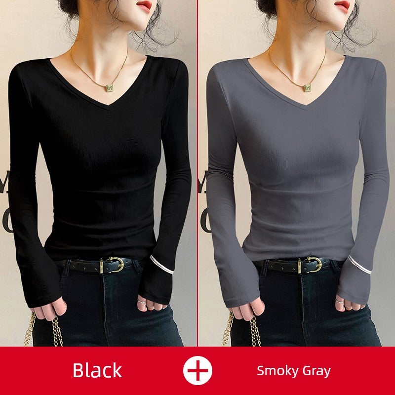 V-neck long-sleeved T-shirt for women in spring, autumn, and winter, slim-fit inner wear, chicken heart collar, modal base shirt, anti-aging temperament, popular top - Image 1