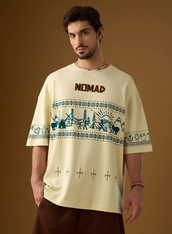 The Souled Store Men Cream Graphic Oversized T-Shirt