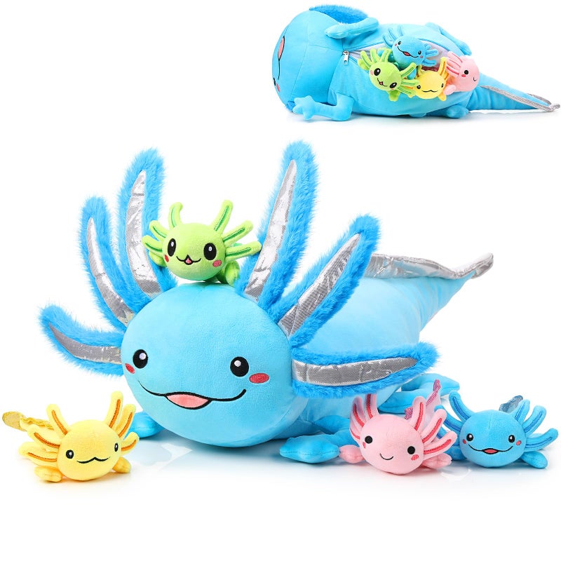 Aoriher 5 Pcs Axolotl Plush Set 24 Inch Mommy Axolotl Stuffed Animal with 4 Cute Plush Babies in Belly Soft Cuddly Plushie for Kids Sleeping Birthday Graduation Valentine Gift Party FavorsBlue - Image 3