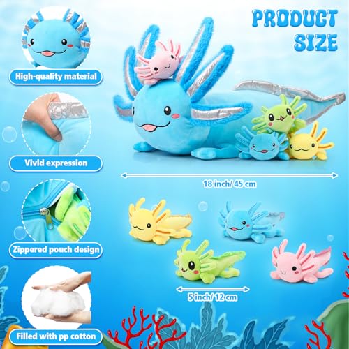 Aoriher 5 Pcs Axolotl Plush Set 24 Inch Mommy Axolotl Stuffed Animal with 4 Cute Plush Babies in Belly Soft Cuddly Plushie for Kids Sleeping Birthday Graduation Valentine Gift Party FavorsBlue - Image 5