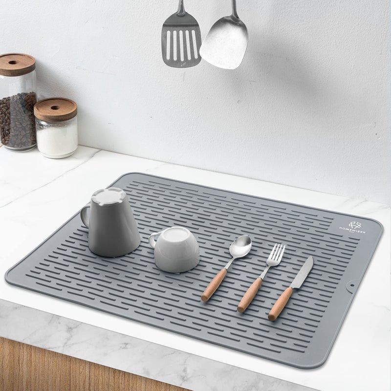 Homewizer Silicone Dish Drying Mat for Kitchen Counter Extra Large 23 x 18 Heat Resistant NonSlip Design Quick Dry Easy Clean Raised Edge Holds Water BPA Free Food Grade Silicone Gray