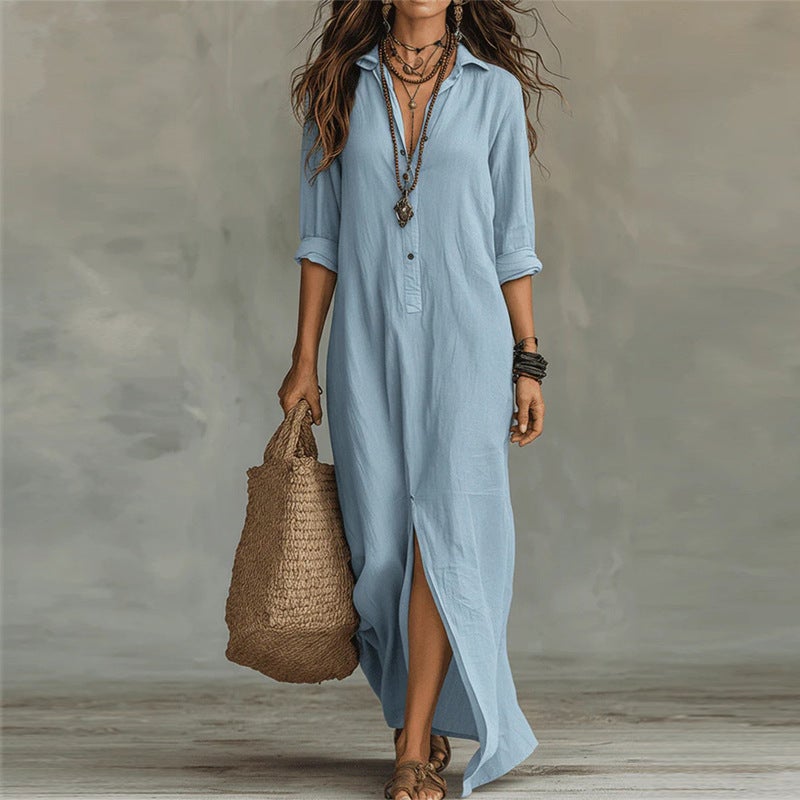 2026 Spring/Summer Casual Solid Color Lapel Front Slit Long Dress Loose Dress - Image 5