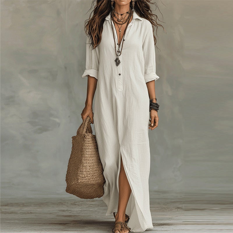 2026 Spring/Summer Casual Solid Color Lapel Front Slit Long Dress Loose Dress - Image 3