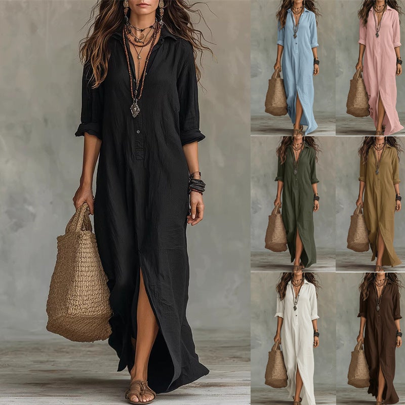 2026 Spring/Summer Casual Solid Color Lapel Front Slit Long Dress Loose Dress - Image 2