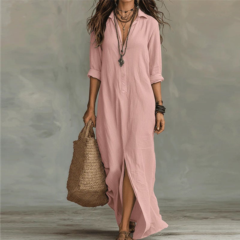 2026 Spring/Summer Casual Solid Color Lapel Front Slit Long Dress Loose Dress - Image 4