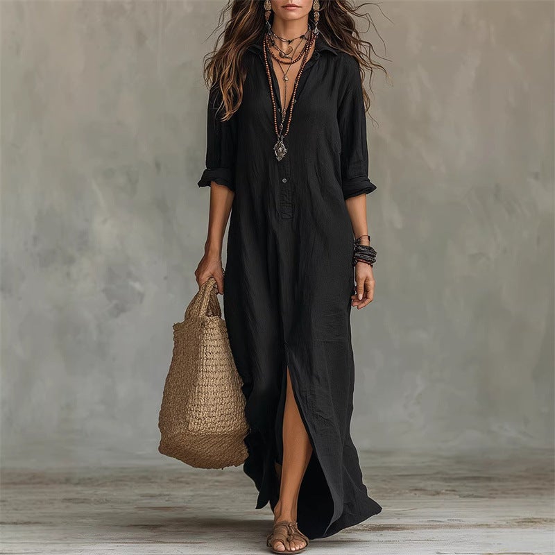 2026 Spring/Summer Casual Solid Color Lapel Front Slit Long Dress Loose Dress - Image 1
