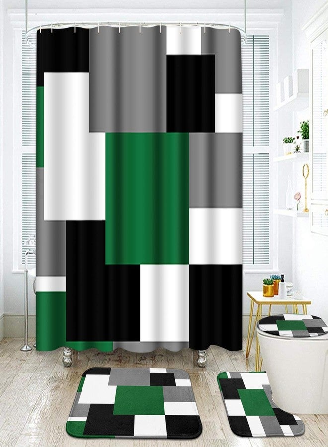 ArtSocket مجموعة حمام هندسية خضراء من آرت سوكيت مع ستارة دش وسجاد، ستارة دش عسكرية حديثة باللونين الأسود والرمادي، ديكور حمام أخضر 4 قطع - Image 1