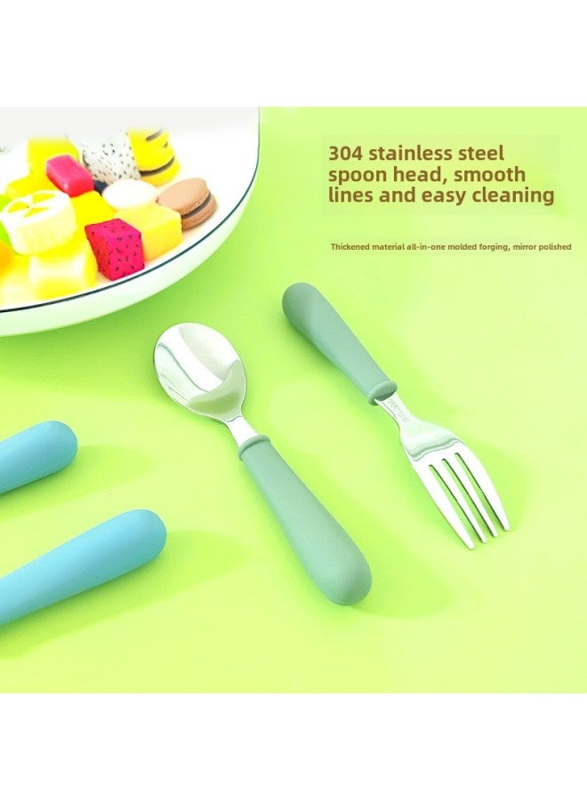 Silicone Children's Fork Spoon Suit Short Handle 304 Stainless Steel Tableware Portable Fork Spoon Two-piece Dessert Spoon Cake Spoon-Specifications:Brown - Image 3