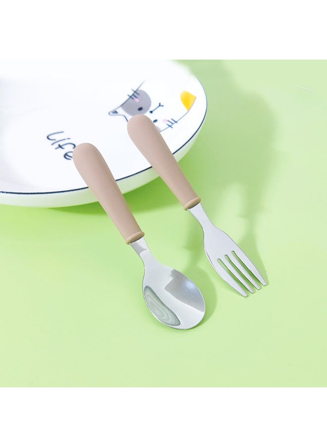 Silicone Children's Fork Spoon Suit Short Handle 304 Stainless Steel Tableware Portable Fork Spoon Two-piece Dessert Spoon Cake Spoon-Specifications:Brown - Image 1