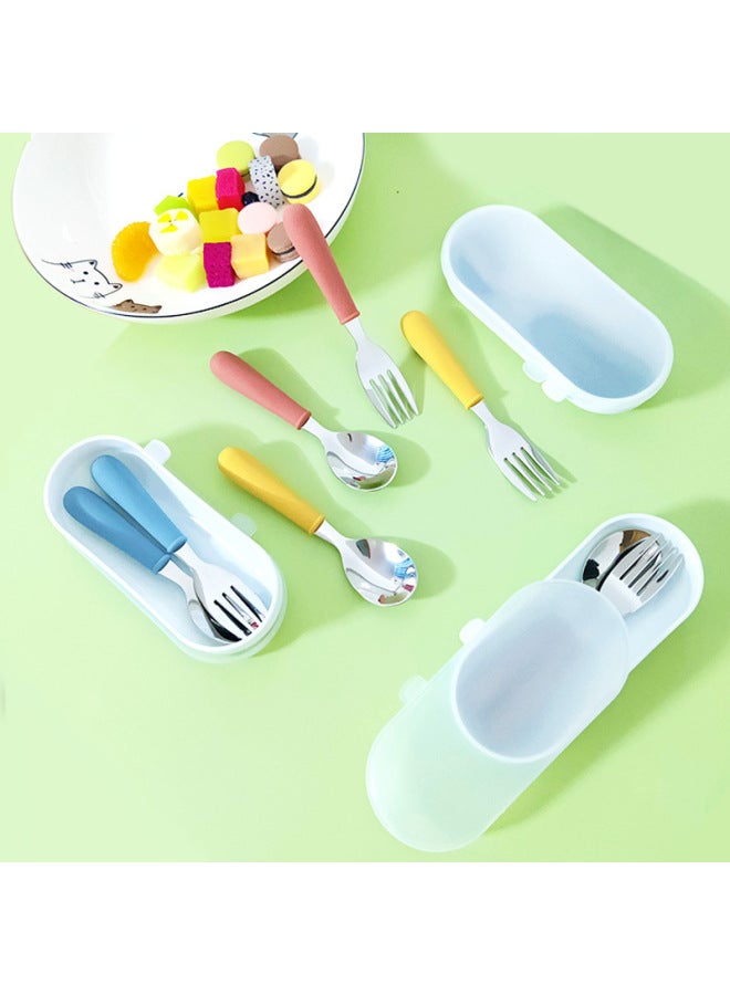 Silicone Children's Fork Spoon Suit Short Handle 304 Stainless Steel Tableware Portable Fork Spoon Two-piece Dessert Spoon Cake Spoon-Specifications:Brown - Image 2