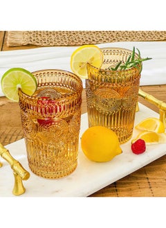 Kate Aspen Kate Aspen Vintage Textured Amber Striped Drinking Glasses Set of 6-13 oz Ribbed Glassware with Flower Design | Cocktail Set, Juice Glass, Iced Coffee Cup  - Image 1