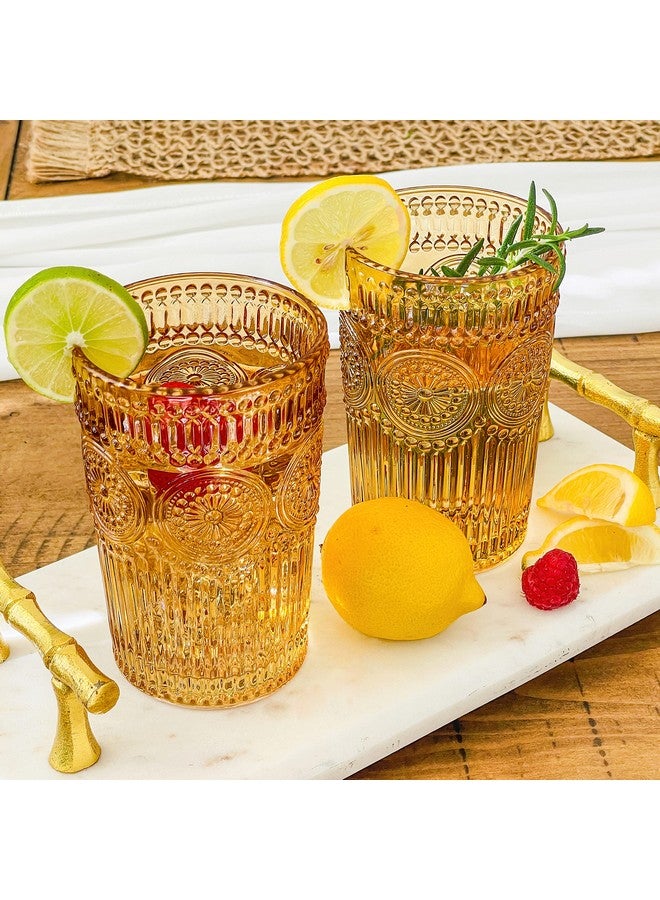 Kate Aspen Vintage Textured Amber Striped Drinking Glasses Set of 6-13 oz Ribbed Glassware with Flower Design | Cocktail Set, Juice Glass, Iced Coffee Cup - Image 1