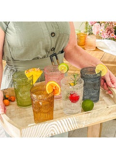 Kate Aspen Kate Aspen Vintage Textured Amber Striped Drinking Glasses Set of 6-13 oz Ribbed Glassware with Flower Design | Cocktail Set, Juice Glass, Iced Coffee Cup  - Image 3