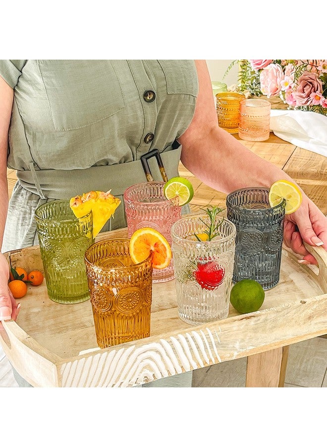 Kate Aspen Vintage Textured Amber Striped Drinking Glasses Set of 6-13 oz Ribbed Glassware with Flower Design | Cocktail Set, Juice Glass, Iced Coffee Cup - Image 3