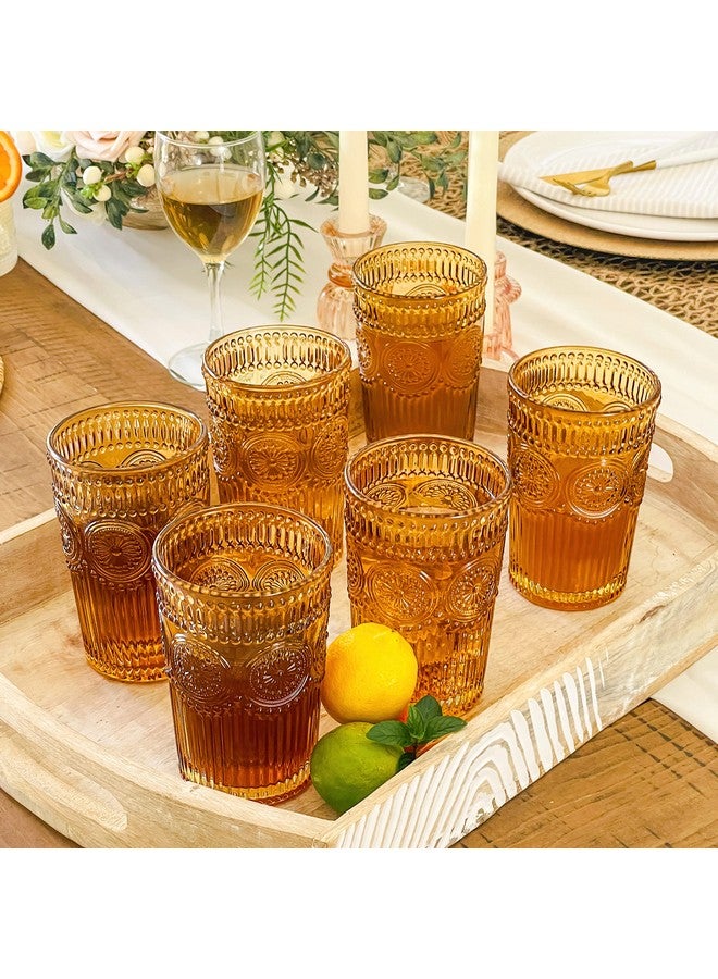 Kate Aspen Vintage Textured Amber Striped Drinking Glasses Set of 6-13 oz Ribbed Glassware with Flower Design | Cocktail Set, Juice Glass, Iced Coffee Cup - Image 2