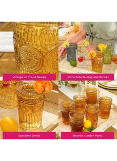 Kate Aspen Kate Aspen Vintage Textured Amber Striped Drinking Glasses Set of 6-13 oz Ribbed Glassware with Flower Design | Cocktail Set, Juice Glass, Iced Coffee Cup  - Image 5