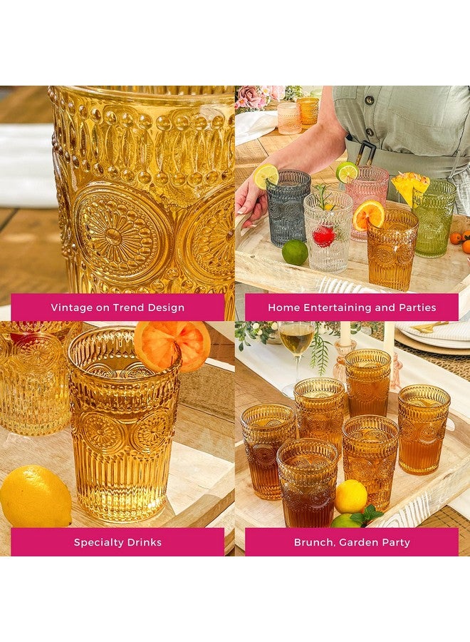 Kate Aspen Vintage Textured Amber Striped Drinking Glasses Set of 6-13 oz Ribbed Glassware with Flower Design | Cocktail Set, Juice Glass, Iced Coffee Cup - Image 5