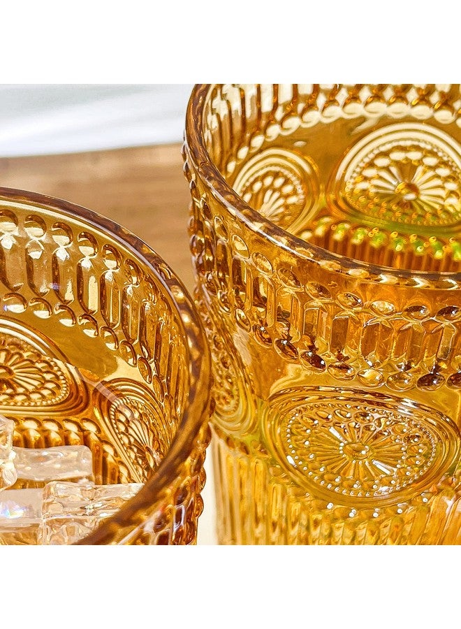 Kate Aspen Vintage Textured Amber Striped Drinking Glasses Set of 6-13 oz Ribbed Glassware with Flower Design | Cocktail Set, Juice Glass, Iced Coffee Cup - Image 4