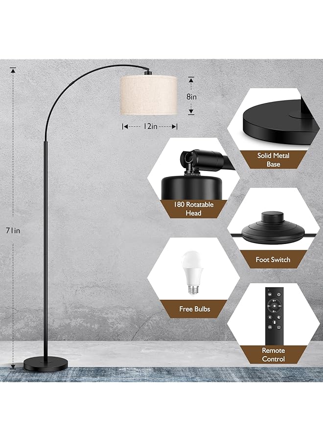 إيروريكس مصابيح أرضية مقوسة لغرفة المعيشة، مصباح قائم حديث مع جهاز تحكم عن بعد مع إمكانية التعتيم بدون خطوات، مصباح أرضي طويل أسود فوق الأريكة، مصباح قراءة مقوس لغرفة النوم والمكتب، لمبة متضمنة - Image 3