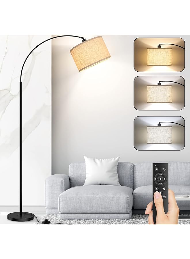 إيروريكس مصابيح أرضية مقوسة لغرفة المعيشة، مصباح قائم حديث مع جهاز تحكم عن بعد مع إمكانية التعتيم بدون خطوات، مصباح أرضي طويل أسود فوق الأريكة، مصباح قراءة مقوس لغرفة النوم والمكتب، لمبة متضمنة - Image 1