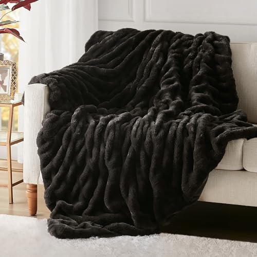 Hyde Lane Luxury Ruched Faux Fur Throw Blanket Ultra Soft Cozy Puzzy Throw Plush Black Mink Blankets for Sofa Couch Living Room 50x60