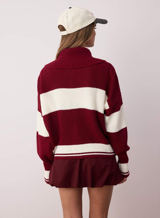 trendyol Claret Red*001 Wide Pattern Striped Turn-down Collar Zippered Knitwear Cardigan - Image 4