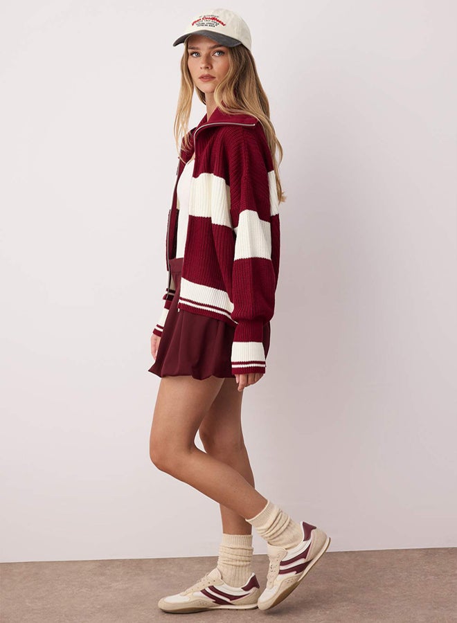 trendyol Claret Red*001 Wide Pattern Striped Turn-down Collar Zippered Knitwear Cardigan - Image 2