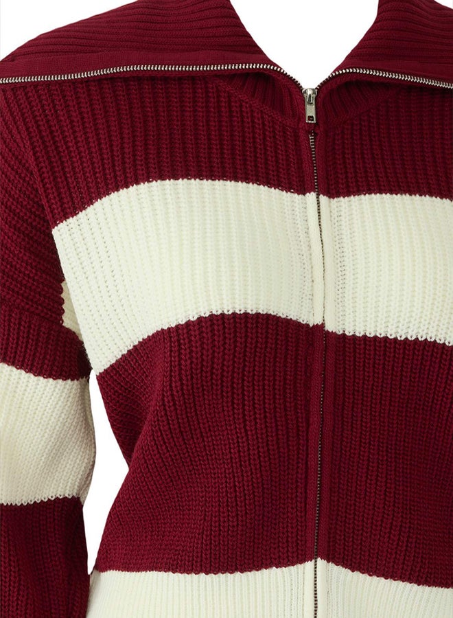 trendyol Claret Red*001 Wide Pattern Striped Turn-down Collar Zippered Knitwear Cardigan - Image 5