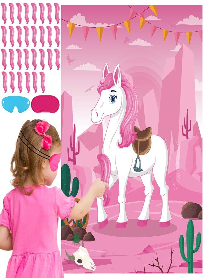 Eaezerav Pin The Tail On The Horse Game for Kids Pink Cowgirl Western Birthday Party Decorations Western Party Supplies Large Horse Game Poster with 30 Tail Stickers - Image 1