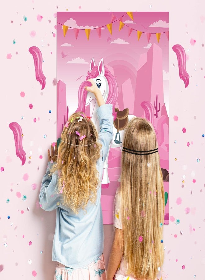 Eaezerav Pin The Tail On The Horse Game for Kids Pink Cowgirl Western Birthday Party Decorations Western Party Supplies Large Horse Game Poster with 30 Tail Stickers - Image 4