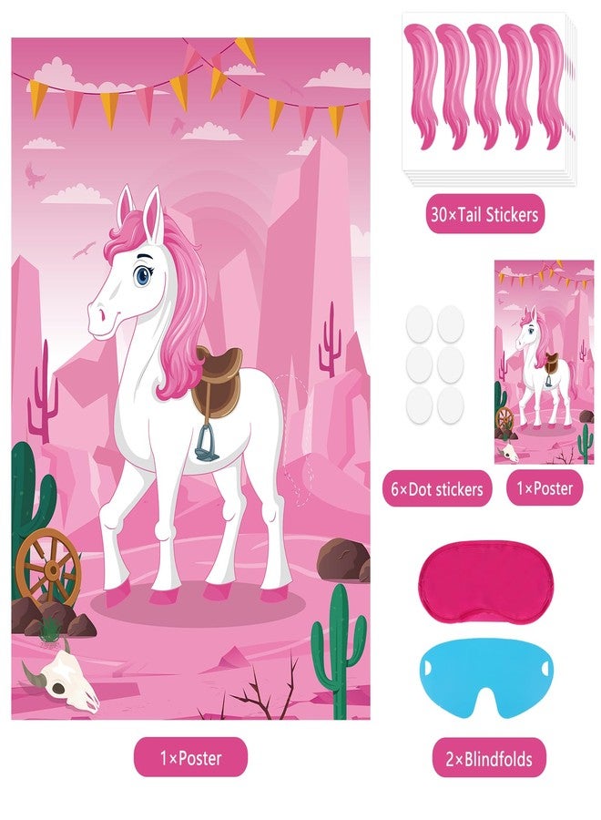Eaezerav Pin The Tail On The Horse Game for Kids Pink Cowgirl Western Birthday Party Decorations Western Party Supplies Large Horse Game Poster with 30 Tail Stickers - Image 3