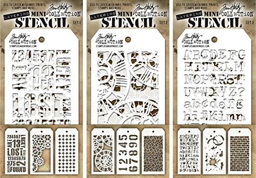Tim Holtz  Nine Mini Layering Stencils  Industrial Gears Plus Clockwork Numbered Crackle Typo Splatters and Bricked  aka sets 1 2  3