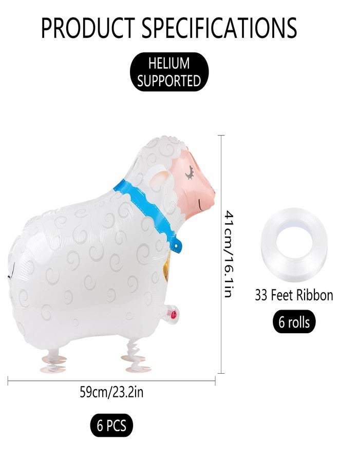 EVERMARKET 6 Pcs Walking Farm Animals Balloons,Mylar Walking Sheep Balloon with Ribbons for Theme Farm Animals Birthday Halloween Party Decorations (Sheep) - Image 2