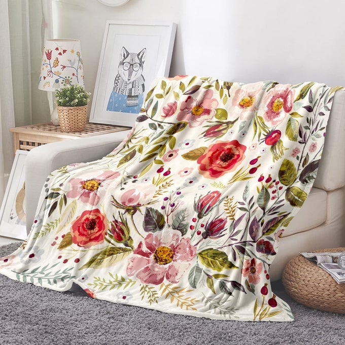 WILDFLOWERS FLORAL THROW BLANKET BOTANICAL FLORAL PRINTED BLANKET SUPER SOFT FLANNEL THROW BLANKET LIGHTWEIGHT FLUFFY PLUSH FUZZY BED BLANKET FOR BEDDING SOFA AND TRAVEL 60X80