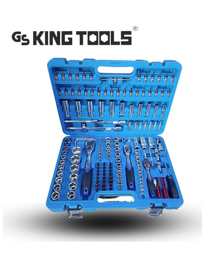 كينج تولز طقم عدة يدوية متكامل 171 قطعة من King Tools – فولاذ كروم فاناديوم  مقاوم للصدأ، مقاسات (1/2 - 1/4 - 3/8)، لصيانة السيارات والأعمال المنزلية - Image 1