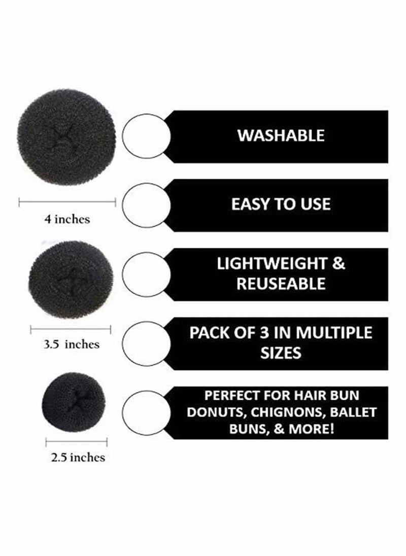 KASTWAVE - Hair 3 Piece Donut Hair Bun Maker, (1 Small, 1 Medium, 1 Large) Black - Image 1